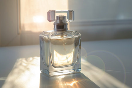 Transparent bottle of perfume on a light simple background.の素材