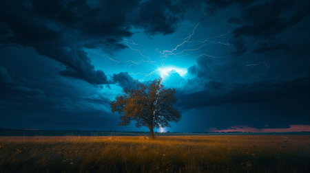 Bolt and lightning storm a tree in field.の素材