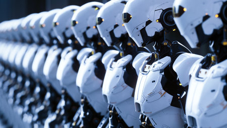 Row of army robot, Cyborg of the future, Artificial intelligence concept.の素材