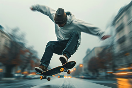 Skateboarder in action motion on the street. Extreme sport concept.の素材