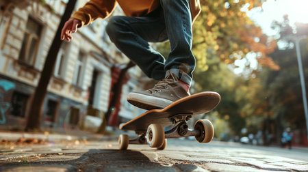 Skateboarder in action motion on the street. Extreme sport concept.の素材