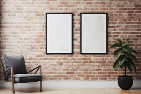 Modern living room interior with sofa and blank picture frame mockupの素材