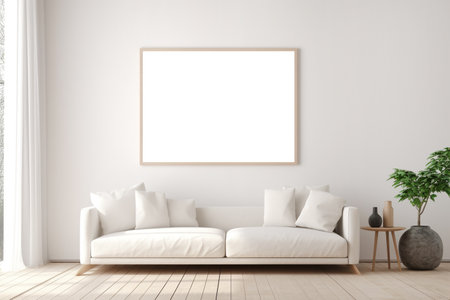 Modern living room interior with sofa and blank picture frame mockupの素材