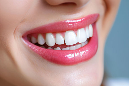 Close-up of teeth, Beautiful women smile with great healthy dental care.の素材