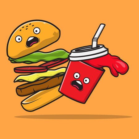 Vector graphic illustration of spilled soft drink and hamburger good for mascots, banners, stickers, etc.のイラスト素材