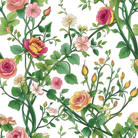 Seamless pattern with roses and wildflowers. Vector illustration.の素材