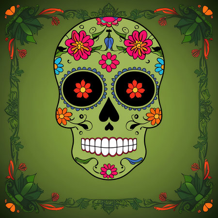 Day of the Dead skull with floral ornament on green background. Vector illustration.の素材