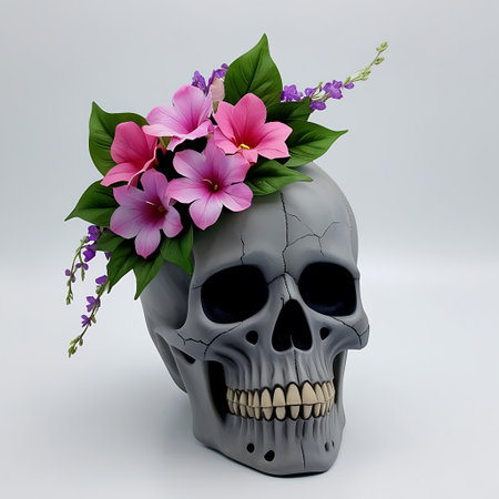 Skull with flower wreath on white background. 3d illustrationの素材