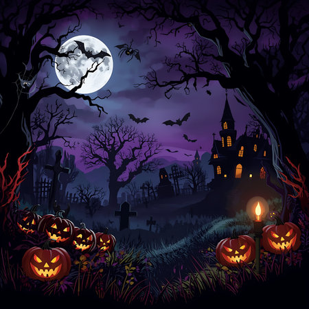 Halloween background with pumpkins, haunted house, cemetery and full moonの素材