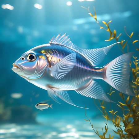 Underwater scene with beautiful fish swimming in aquarium. 3d renderingの素材