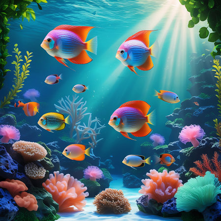 Underwater scene with colorful tropical fish and corals. Vector illustrationの素材