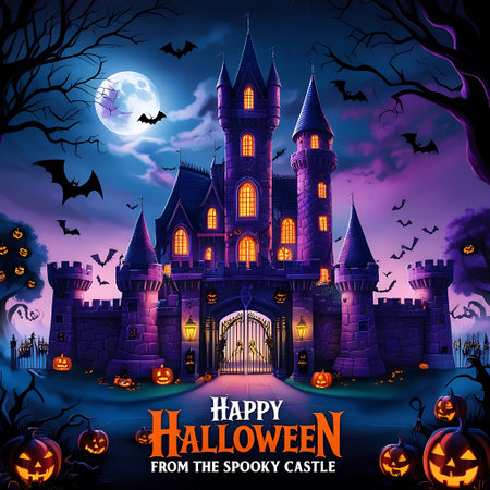 Halloween background with haunted castle, pumpkins and bats. Vector illustration.の素材