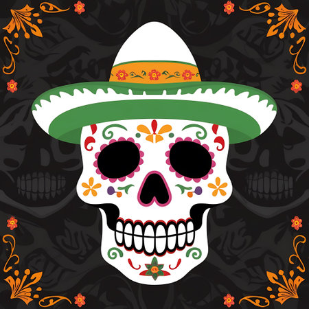 Mexican skull with sombrero and floral ornament. Vector illustration.の素材