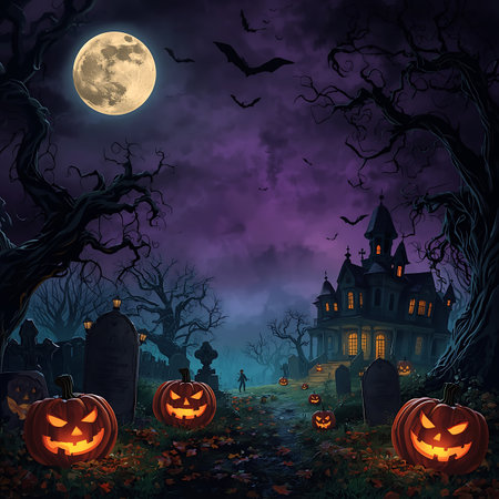 Halloween background with haunted house, pumpkins and bats. Vector illustrationの素材