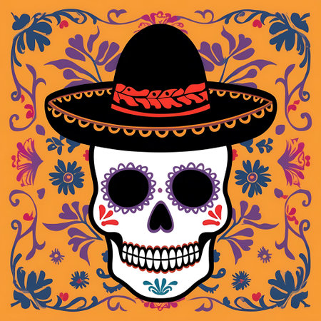 Mexican sugar skull with sombrero and floral ornament. Vector illustration.の素材
