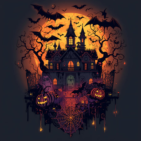 Halloween background with haunted house, pumpkins and bats. Vector illustration.の素材