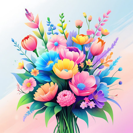 Bouquet of colorful flowers on sky background. Vector illustration.の素材