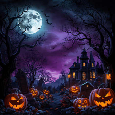 Halloween night background with haunted house, pumpkins and bats.の素材