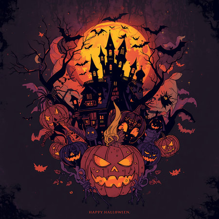 Halloween vector illustration with haunted castle, pumpkins and bats.の素材