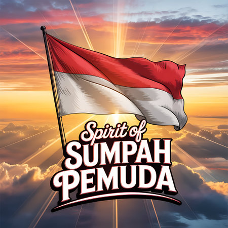 Summer season design with indonesia flag on sunset sky background.の素材