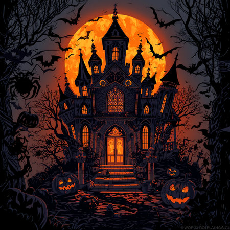 Halloween background with haunted house and pumpkins. Vector illustration.の素材
