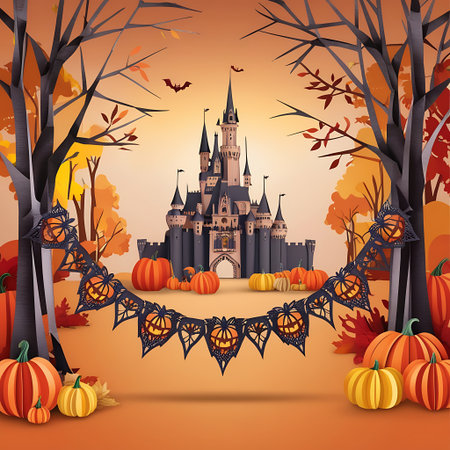 Halloween background with castle, pumpkins and autumn trees. Vector illustration.の素材