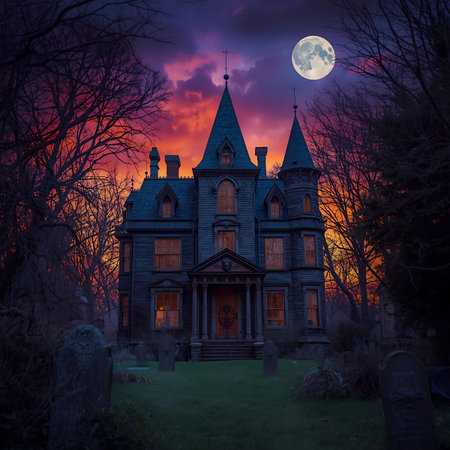 Halloween background with old haunted house and full moon. Halloween conceptの素材
