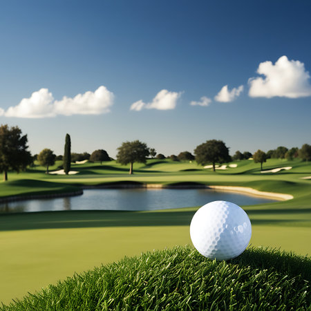 Golf ball on green grass with blue sky and clouds in backgroundの素材