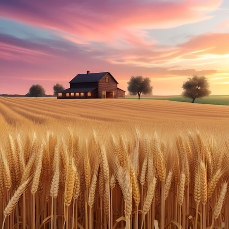 Rural landscape with barn and wheat field at sunset, 3d renderの素材