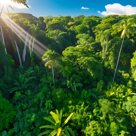 Aerial view of tropical forest with palm trees and sun rays.の素材