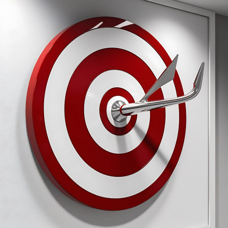 Red target with arrow on the wall. 3d render illustration.の素材