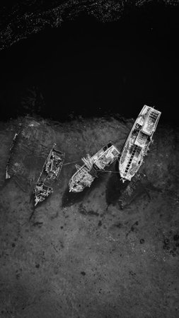 Aerial view of old wooden fishing boats in black and white.の写真素材