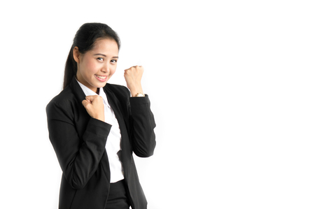 Business woman successful and achieve target on white backgroundの写真素材