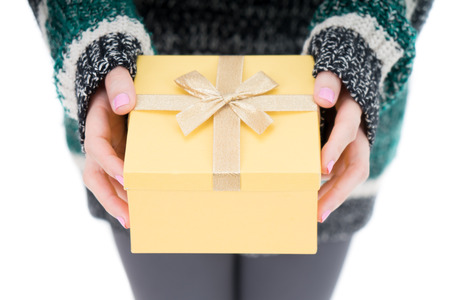Christmas woman with gift on white background isolated for happy new year 2018 conceptの写真素材