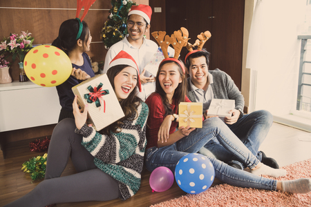 Christmas party with Asian people 2018 at homeの写真素材