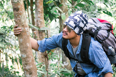 Asian traveler wearing sunglasses with backpack climbing in forestの写真素材