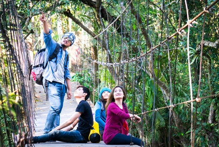 Asian traveler group discuss in forestの写真素材