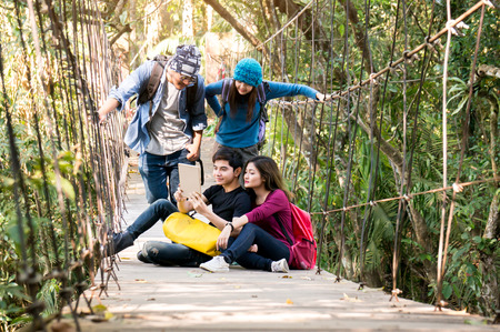 Asian traveler group discuss in forestの写真素材