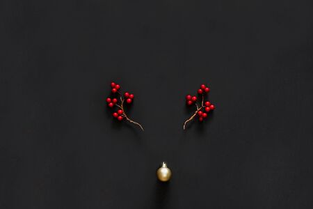 Christmas background with reindeer composition, berries and bubble on black backgroundの写真素材