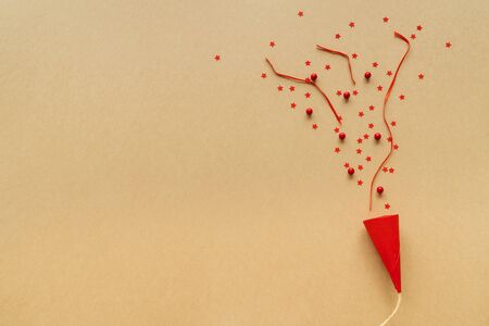 Christmas background with paper snow flake and christmas gifts on paper. Flat lay, top view.の写真素材