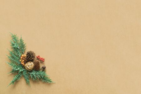 Christmas decorations on wood background with copy space. Flat lay, top viewの写真素材