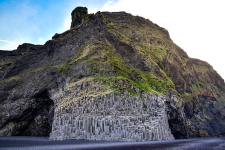 Wide angle Volcanic Rock formation at Black Sand beach ,Vik, Icelandの写真素材