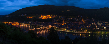 Panorama Heidelberg Castle at night from the hill, Baden, Germanyのeditorial素材