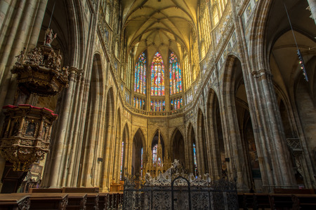 HDR inside the cathedral in Prague with light thru the yellow windows, Czech republicのeditorial素材