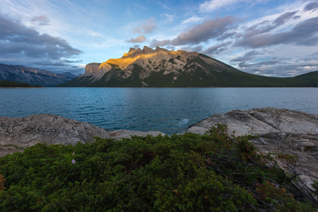 Sunset at Lake Minnewanka in Banff National Park, Canada.の写真素材