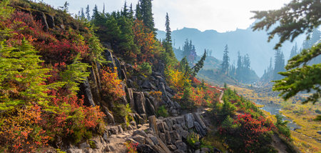 Bagley Lake hiking trail at Mount Baker in Autumn with beautiful blue sky, Washington, United State
