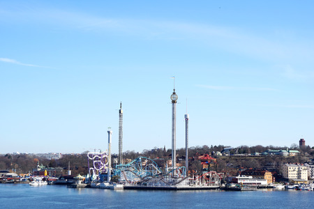 SWEDEN, STOCKHOLM - APRIL 12, 2018: City landscape with Grona Lund, park amusementのeditorial素材