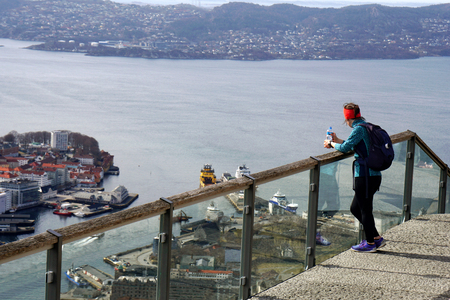 BERGEN, NORWAY - April 13, 2018: View to the City of Bergen from the Mount Floyen with the Floibanen Cable Carのeditorial素材