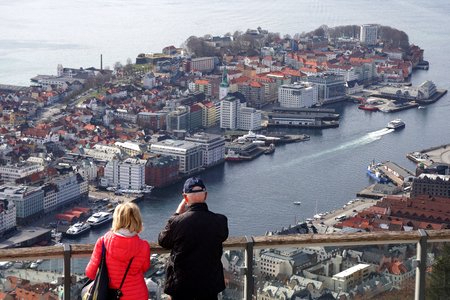 BERGEN, NORWAY - April 13, 2018: View to the City of Bergen from the Mount Floyen with the Floibanen Cable Carのeditorial素材