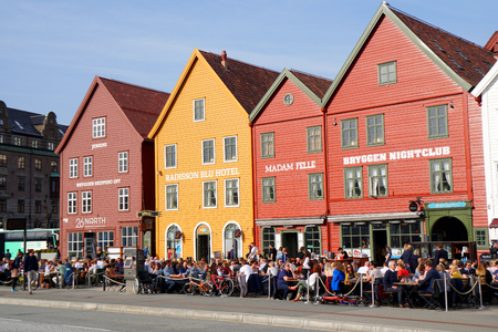 BERGEN, NORWAY - April 13, 2018: Famous Bryggen street in Bergen Norway - architecture backgroundのeditorial素材